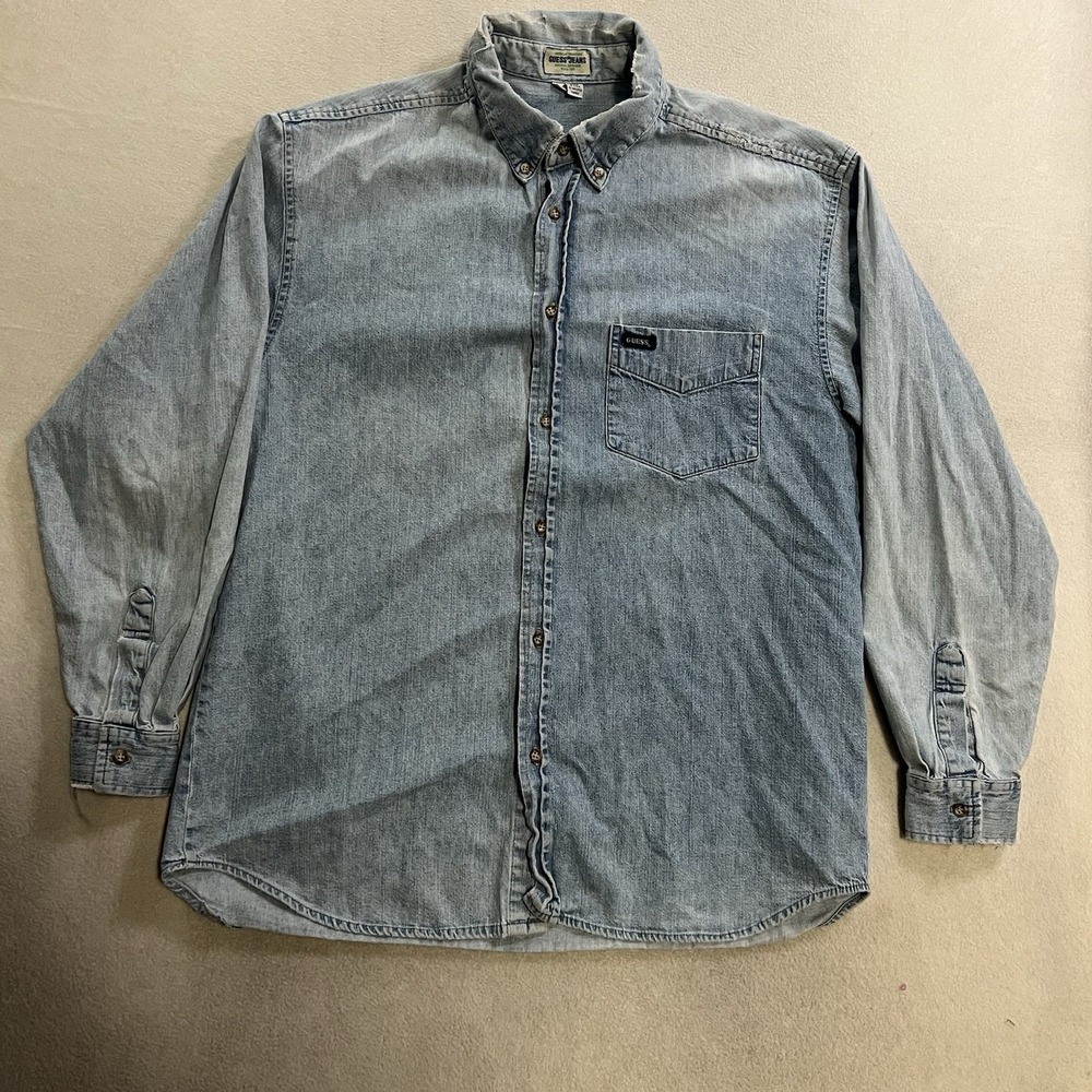 Vintage GUESS Denim Shirt Mens Large Blue Long Sleeve Light Wash Grunge USA Made